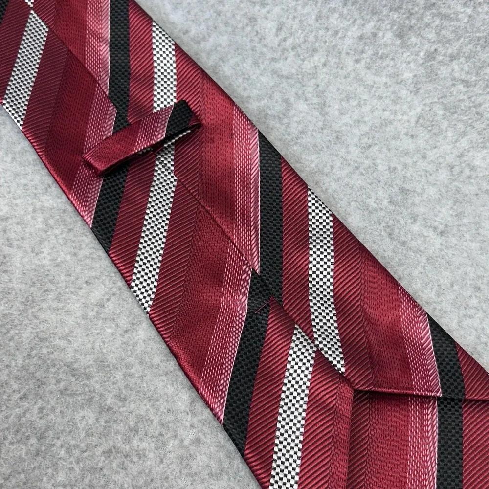 Mens 100% Silk Wide Striped Necktie Red Black White Self Tipped 60